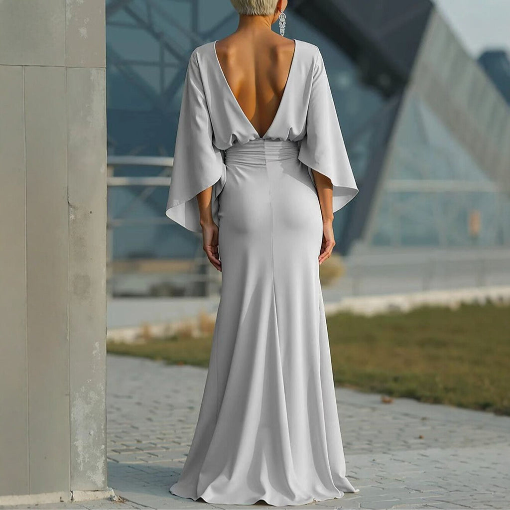 Women's Elegant Backless Pleated Batwing Sleeve Maxi Dress — Silver Mermaid Gown