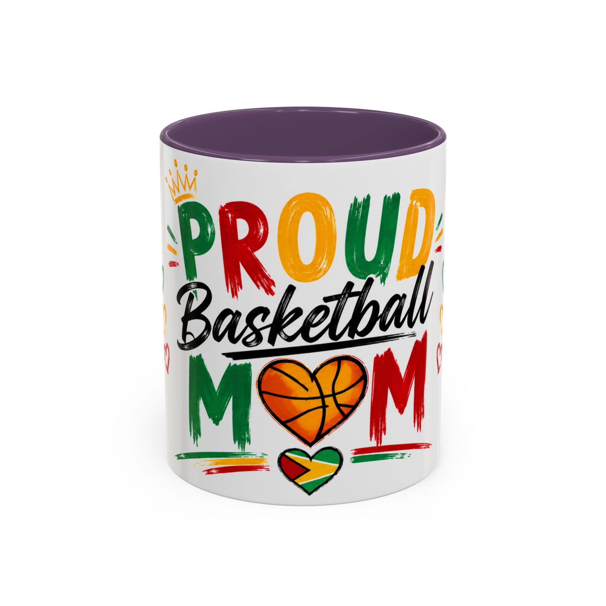 Taza de café para mamá orgullosa del baloncesto – Diseño colorido de corazón y baloncesto (11/15oz)