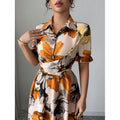 Women’s Printed Puff Sleeve Dress – Blouse Collar Cross-Tie Waist Style