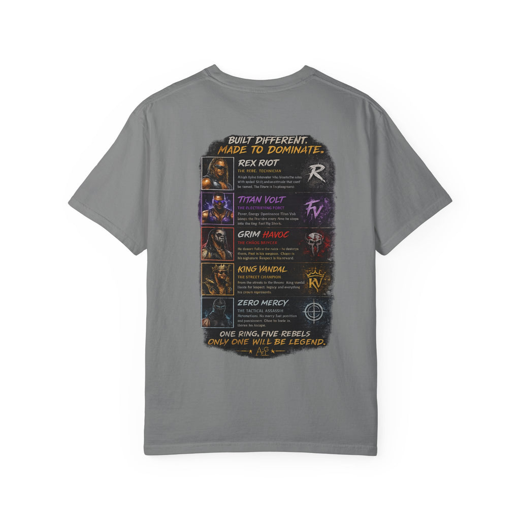 T-Shirt — Ring Rebels Graphic Tee (Rex Riot, Titan Bolt, Grim Havoc, King Vandal, Zero Mercy)
