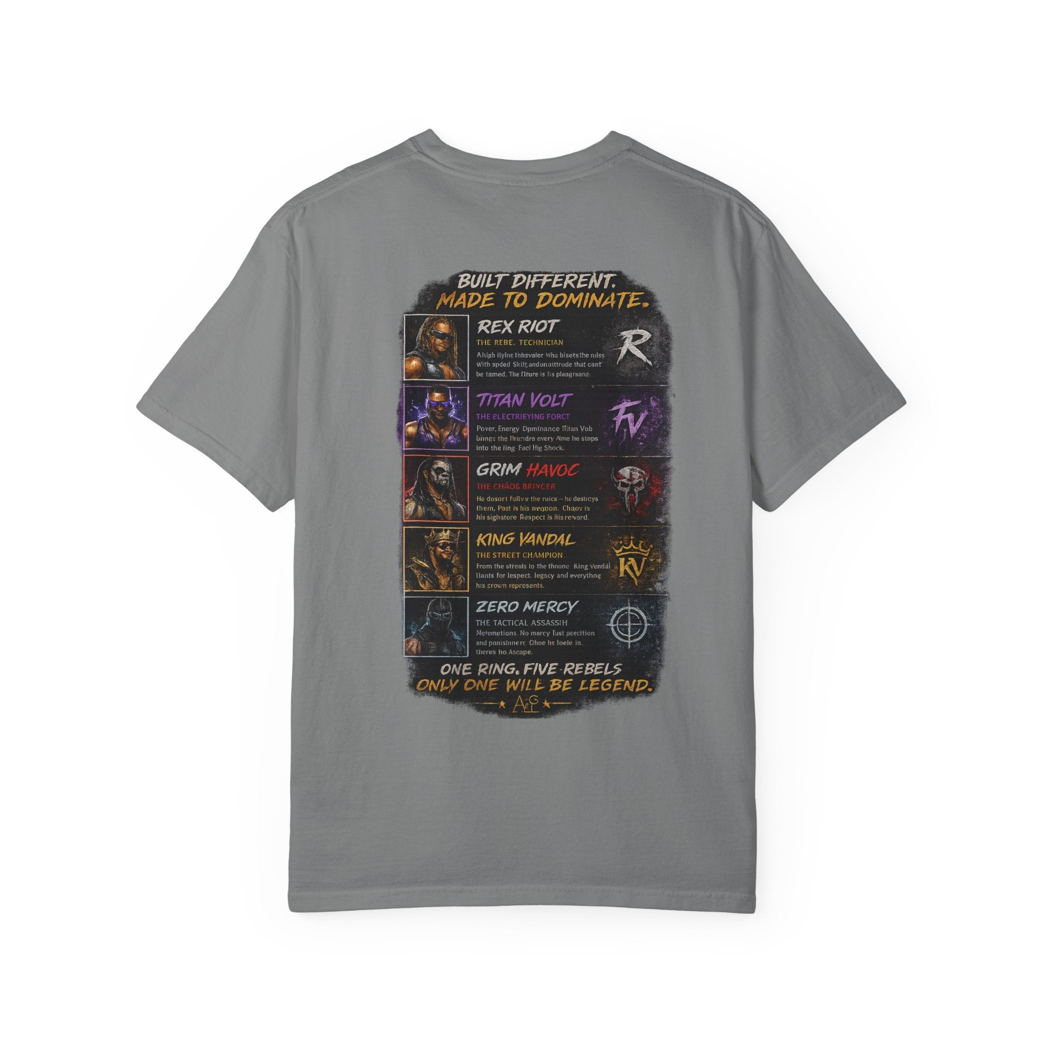 T-Shirt — Ring Rebels Graphic Tee (Rex Riot, Titan Bolt, Grim Havoc, King Vandal, Zero Mercy)