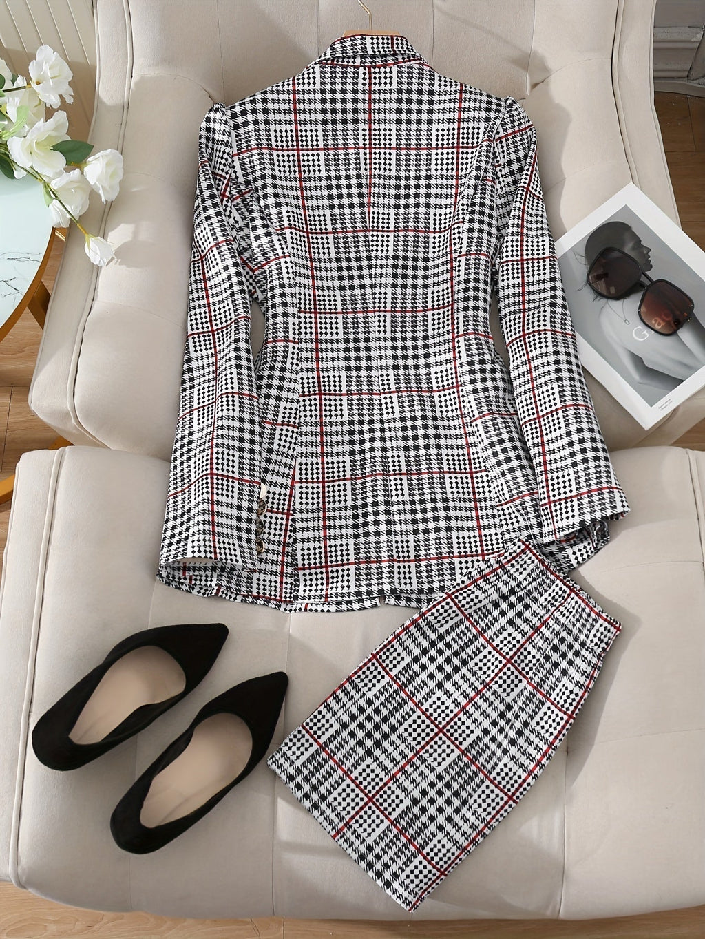 Plus Size Plaid Skirt Suit for Women – Two-Piece Blazer and High Waist Skirt Set