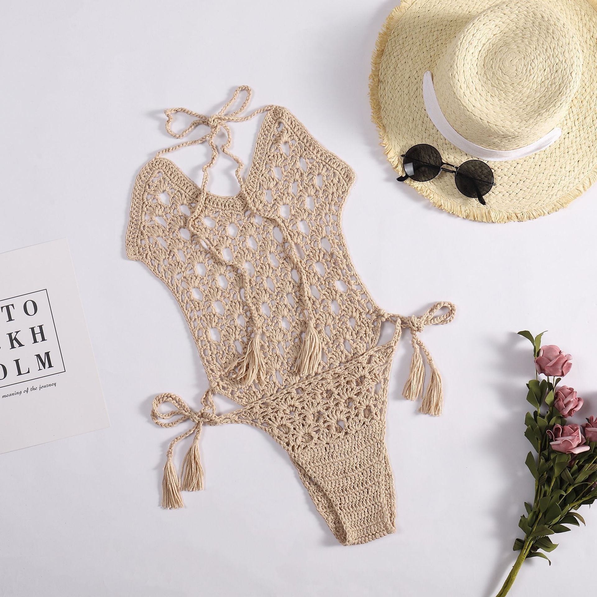 Sexy Halter Vendaje Tejido Calado Hecho a Mano de Ganchillo Traje de Baño de Una Pieza Bikini de Playa Aguja de ganchillo