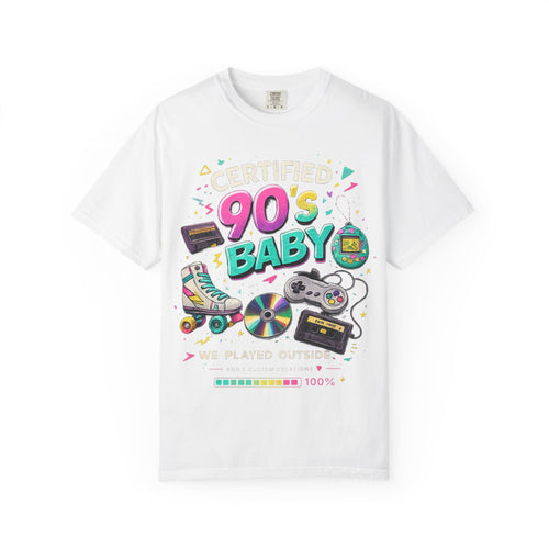 90's Baby T-Shirt — Retro 90s Nostalgia Tee with Cassette, Gamepad & Rollerblade Graphics