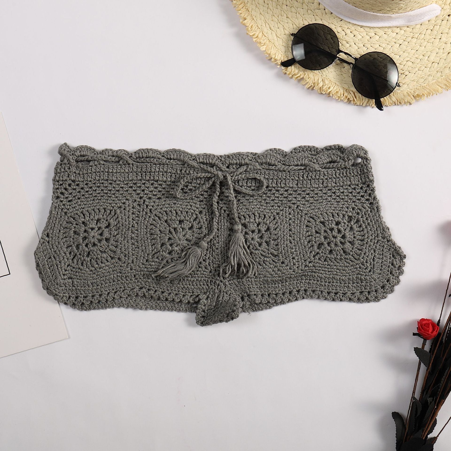 Shorts de baño para mujer, color liso, sexy, para bikini, ganchillo