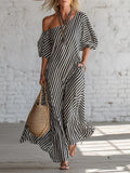 Women's Striped Off-Shoulder Elegant Midi Dress