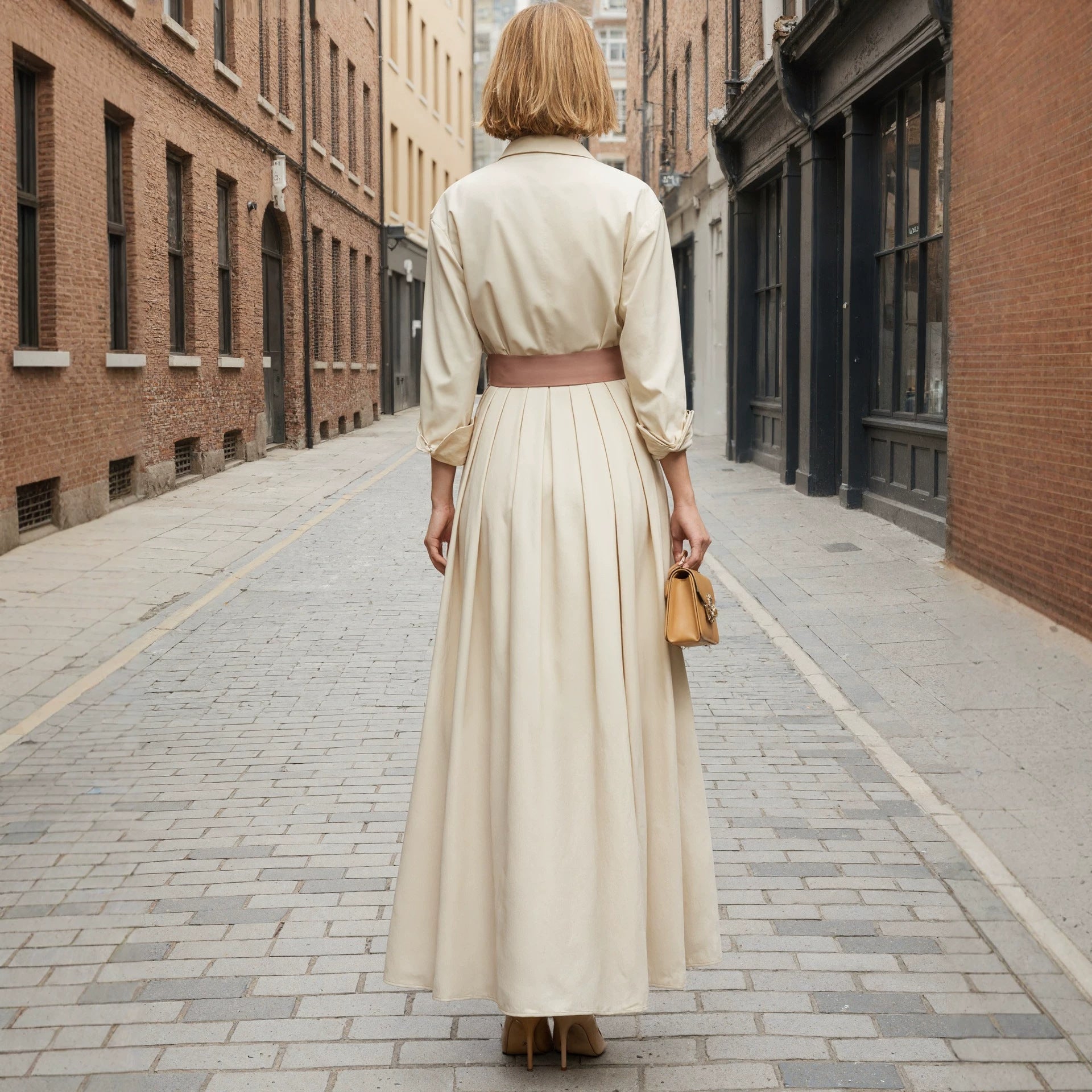 Long Sleeve Polo Collar High Waist Maxi Dress for Women – Solid Color Button Dress