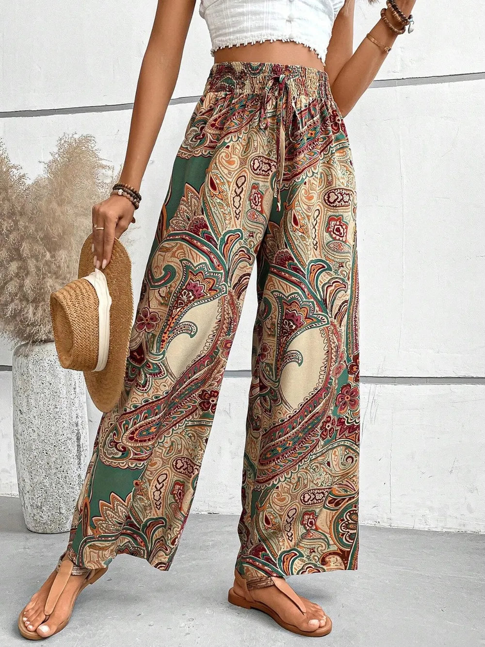 Women's Paisley Print Wide-Leg Pants – Boho Smocked Elastic Waist Tie-Up Flowy Trousers
