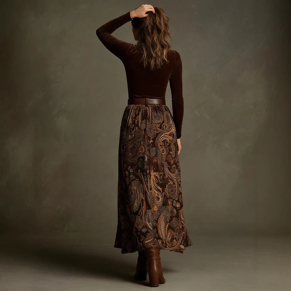 Women's Floral Print Long Sleeve Skirt Set with Belt – Caramel