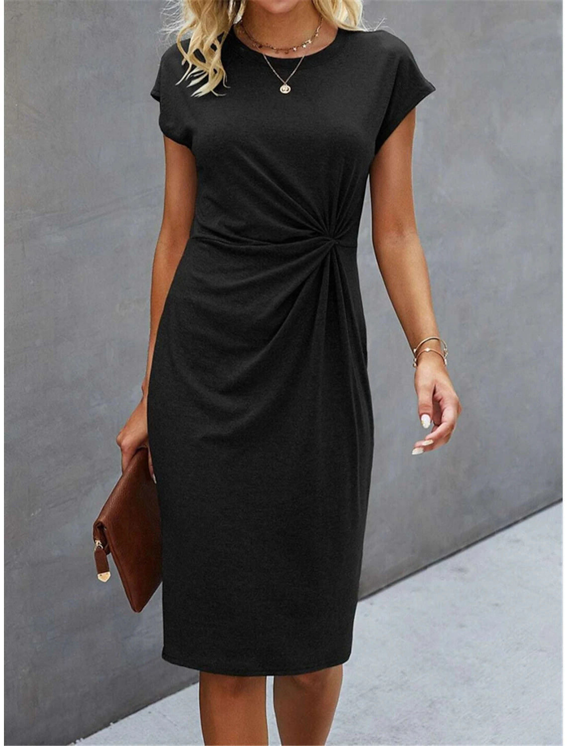Front Knot Bodycon Midi Dress – Round Neck Sleeveless Tie Dress