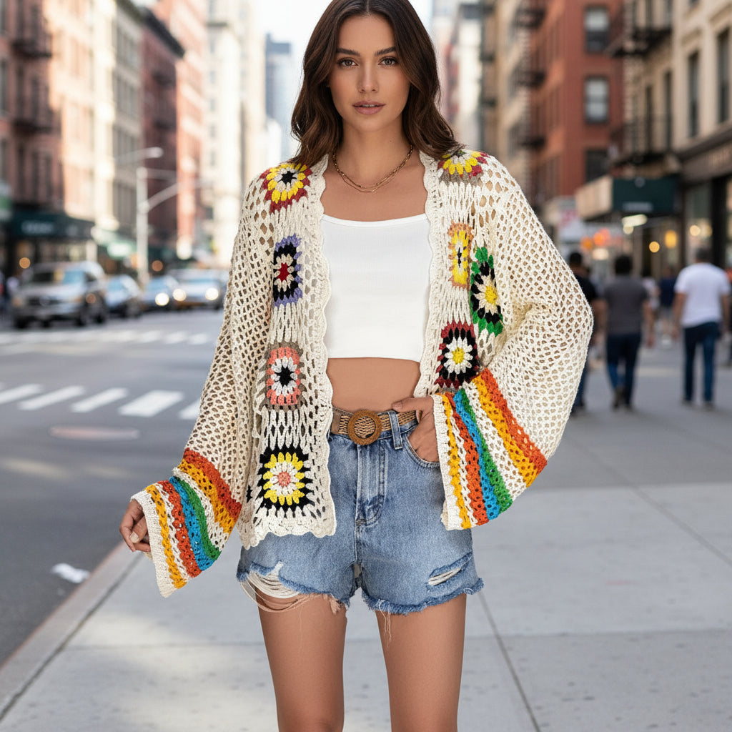 Hand-Crocheted Floral Cardigan Sweater | Boho Open Front Knit Top