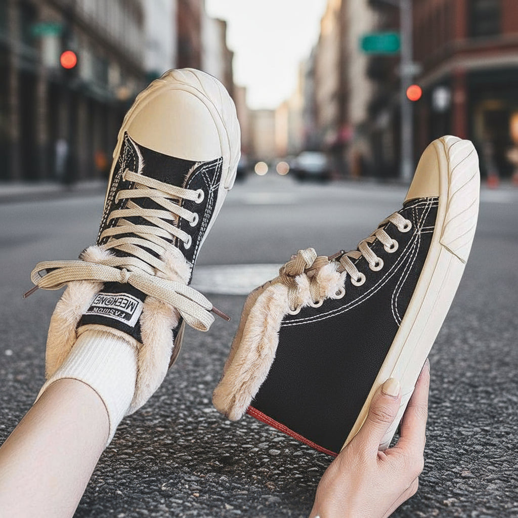 Women’s Warm Black Winter Thick Flat High-Top Velvet Canvas Shoes