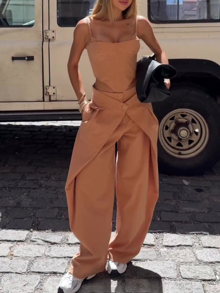 Spaghetti Strap Corset Top & Wide-Leg Pants Set – Camel, XS–2XL