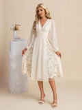 Floral Long Sleeve V-Neck Pleated Midi Dress – High Waist Flared Hem