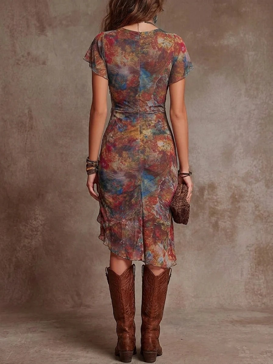 Women’s Slim-Fit Printed V-Neck Defined Waist Dress