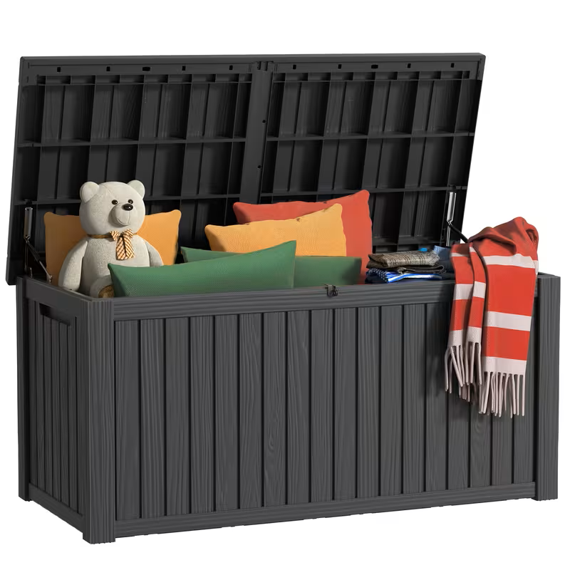 Arcón exterior de alta resistencia de 75 galones – Caja de almacenamiento para patio impermeable con tapa con bisagras, cerradura y fácil montaje