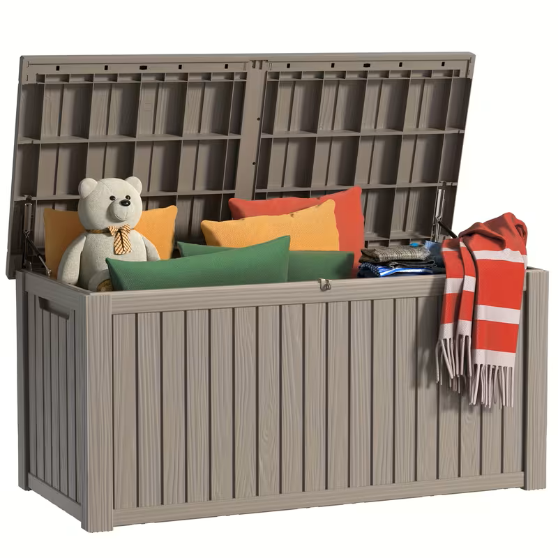 Arcón exterior de alta resistencia de 75 galones – Caja de almacenamiento para patio impermeable con tapa con bisagras, cerradura y fácil montaje