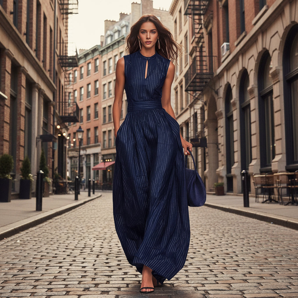 Women's Sleeveless Striped Wide-Leg Jumpsuit with Pockets