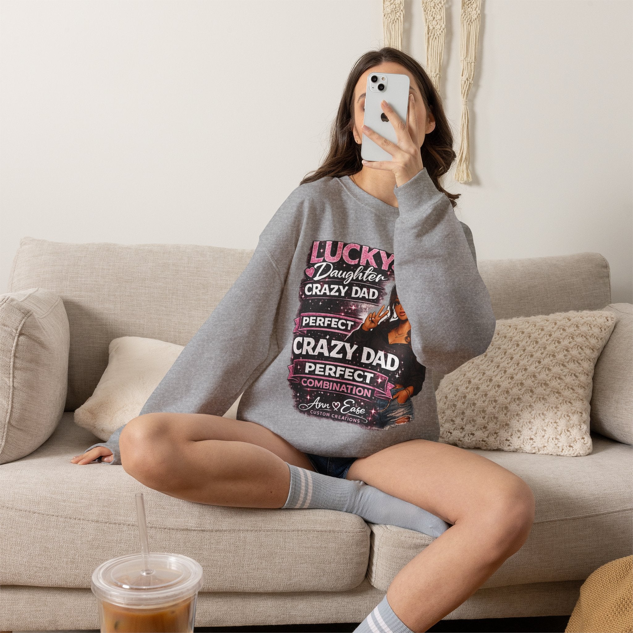 Crewneck Sweatshirt — "Lucky Daughter, Crazy Dad" Pink Graphic Father-Daughter Pullover