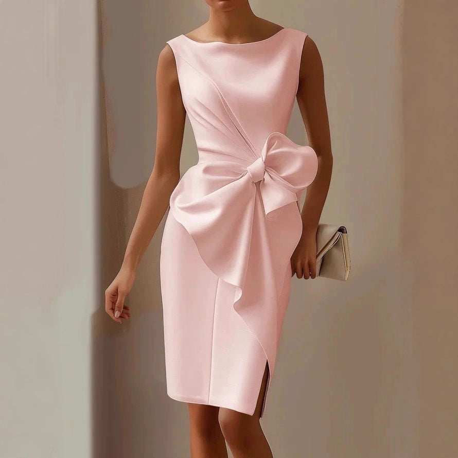Women's Bow-Knot Sleeveless Midi Dress – High Waist A-Line