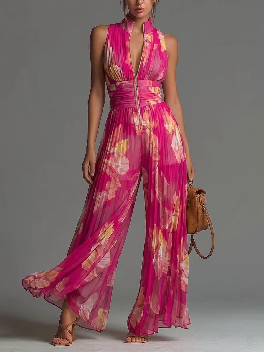 Pleated Wide-Leg Jumpsuit for Women – Sleeveless High-Waist Minimalist Long Jumpsuit