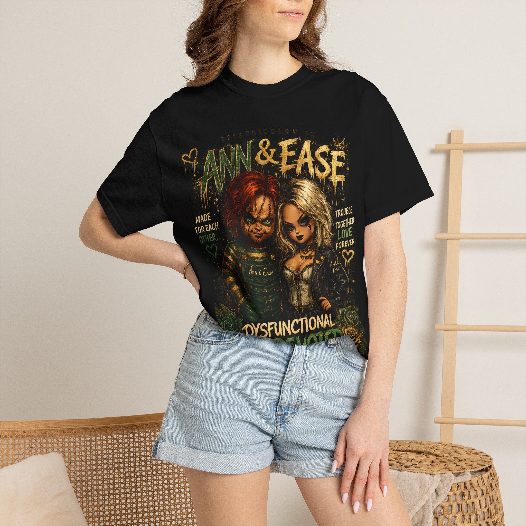 T-Shirt — "Ann & Ease: Dysfunctional But Devoted" Horror Couple Graphic Tee