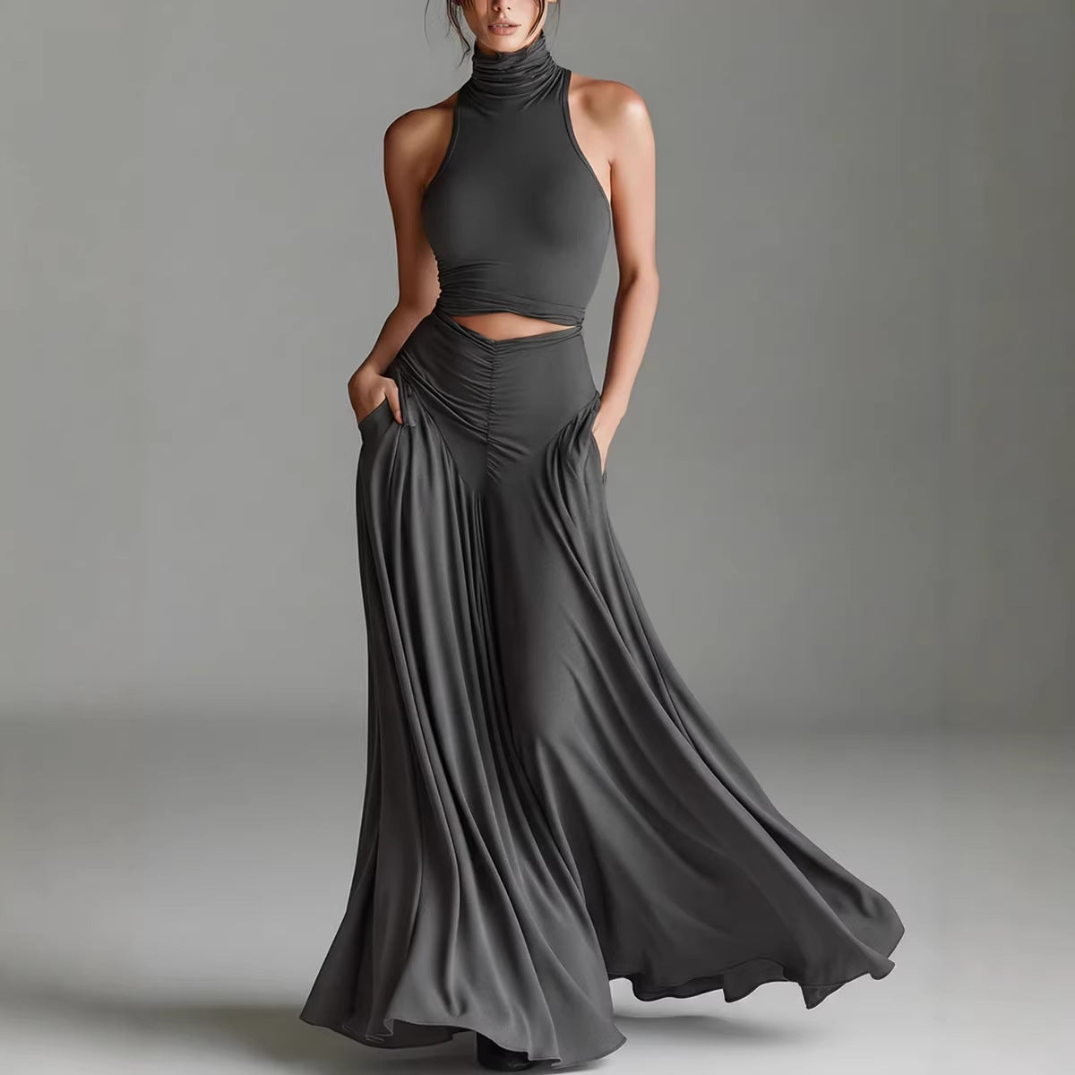 Women's Sleeveless High-Neck Top & Elegant Long A-Line Dress Two-Piece Set
