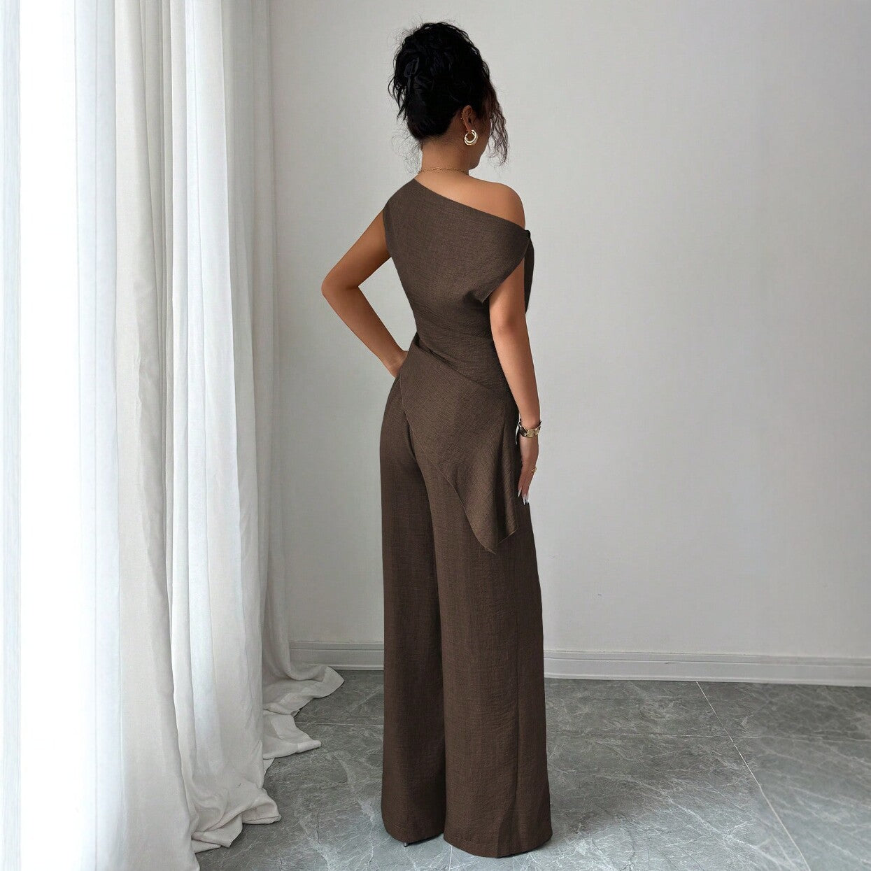One-Shoulder Asymmetric Top & Wide-Leg Pants 2-Piece Set – Women's Elegant Co-ord Suit