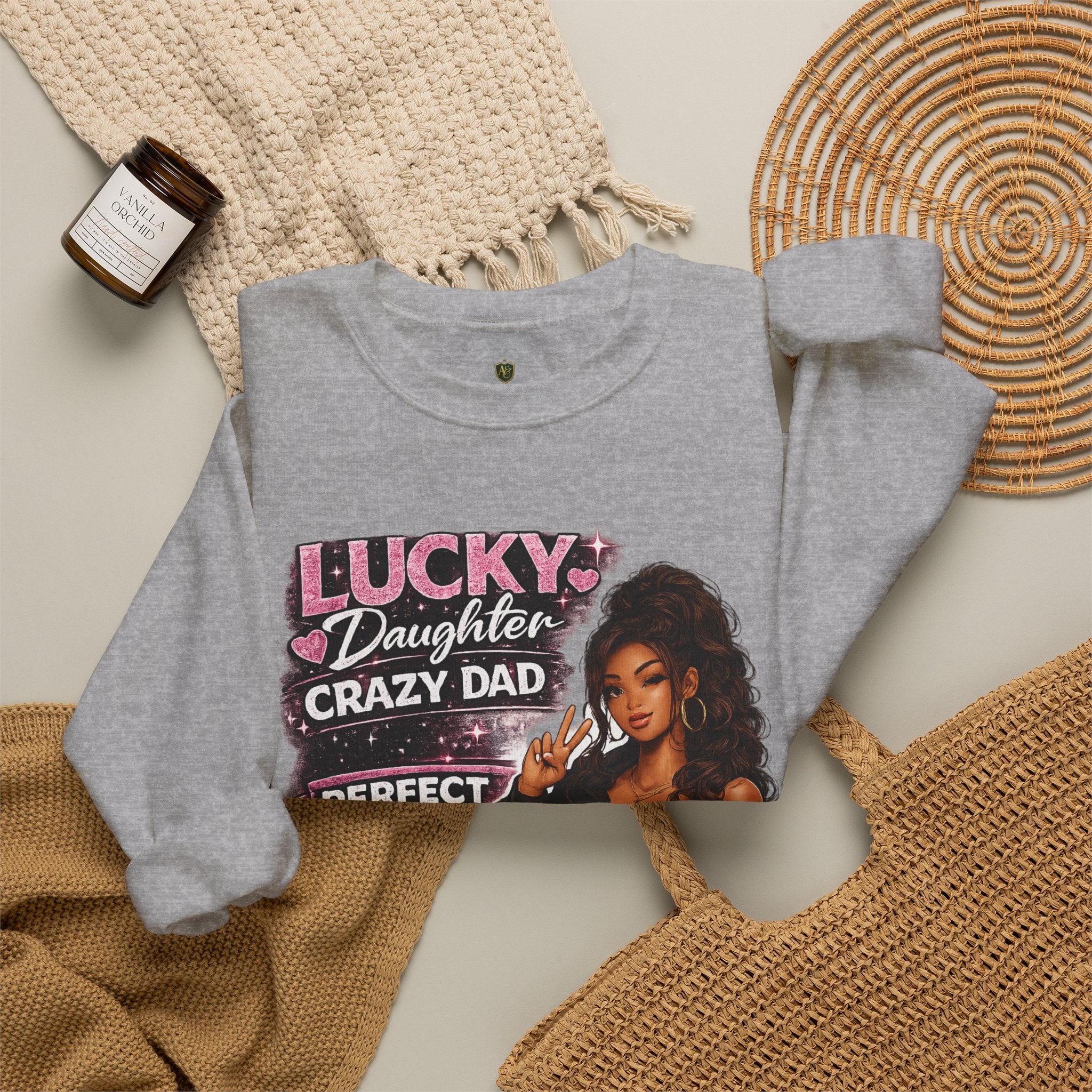 Crewneck Sweatshirt — "Lucky Daughter, Crazy Dad" Pink Graphic Father-Daughter Pullover