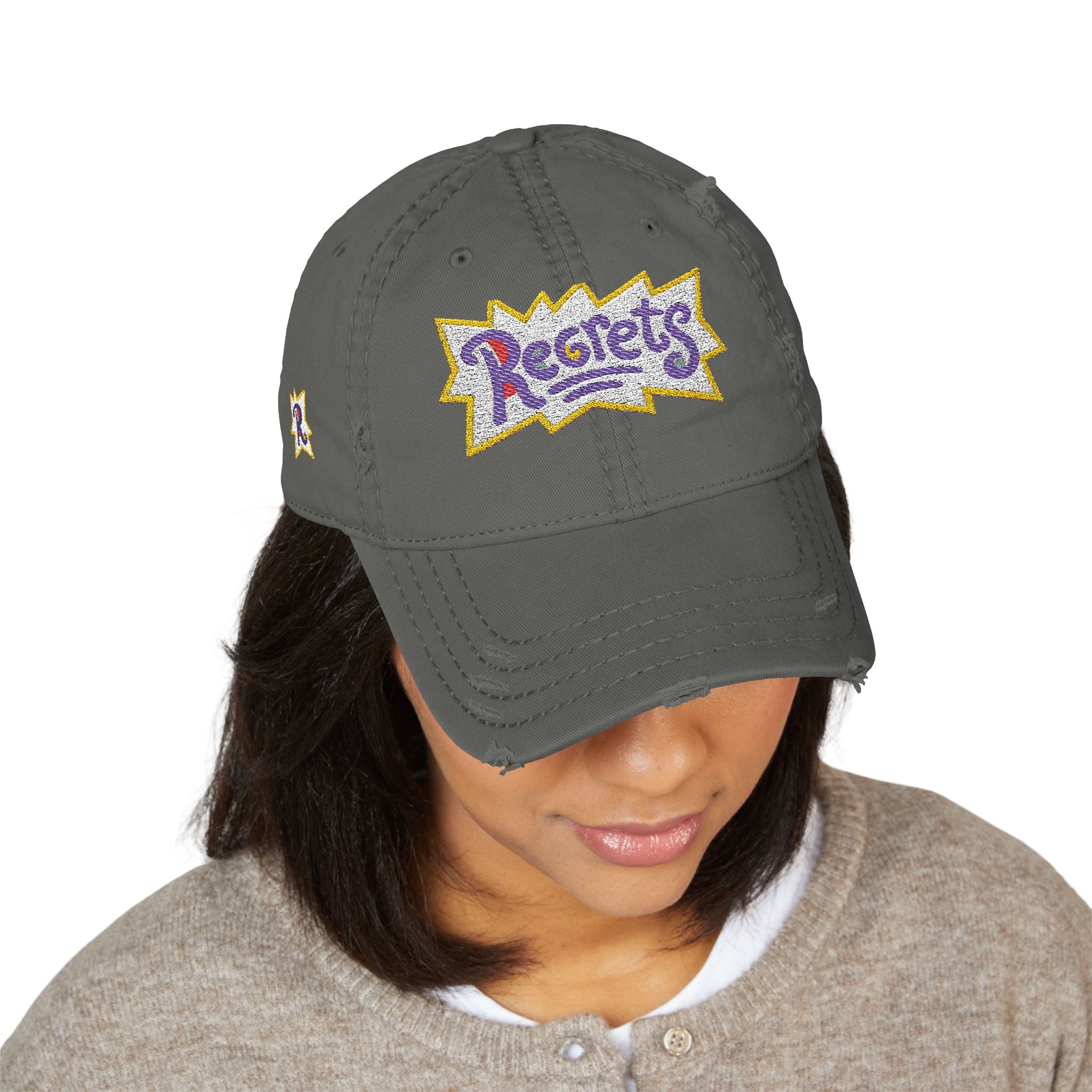 Distressed Embroidered 'Regrets' Dad Hat - Vintage Streetwear Cap