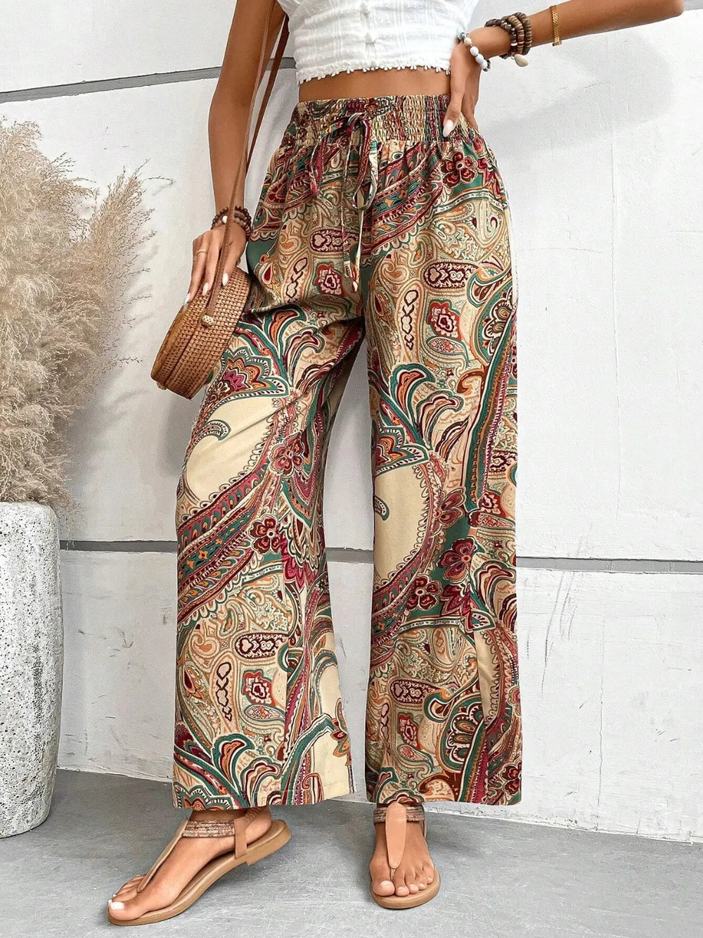 Women's Paisley Print Wide-Leg Pants – Boho Smocked Elastic Waist Tie-Up Flowy Trousers