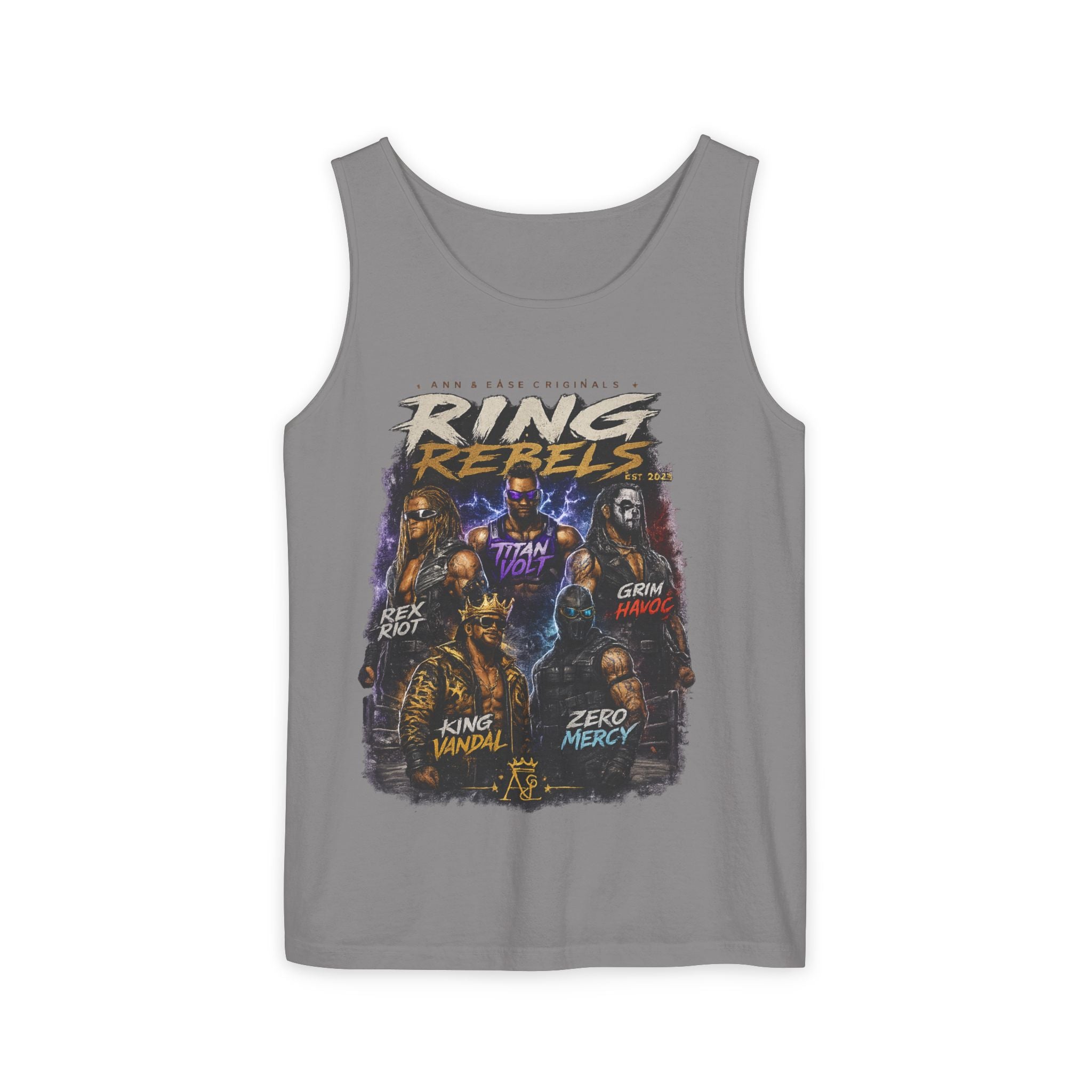 Camiseta sin mangas Ring Rebels — Estampado vintage de la crew de lucha libre