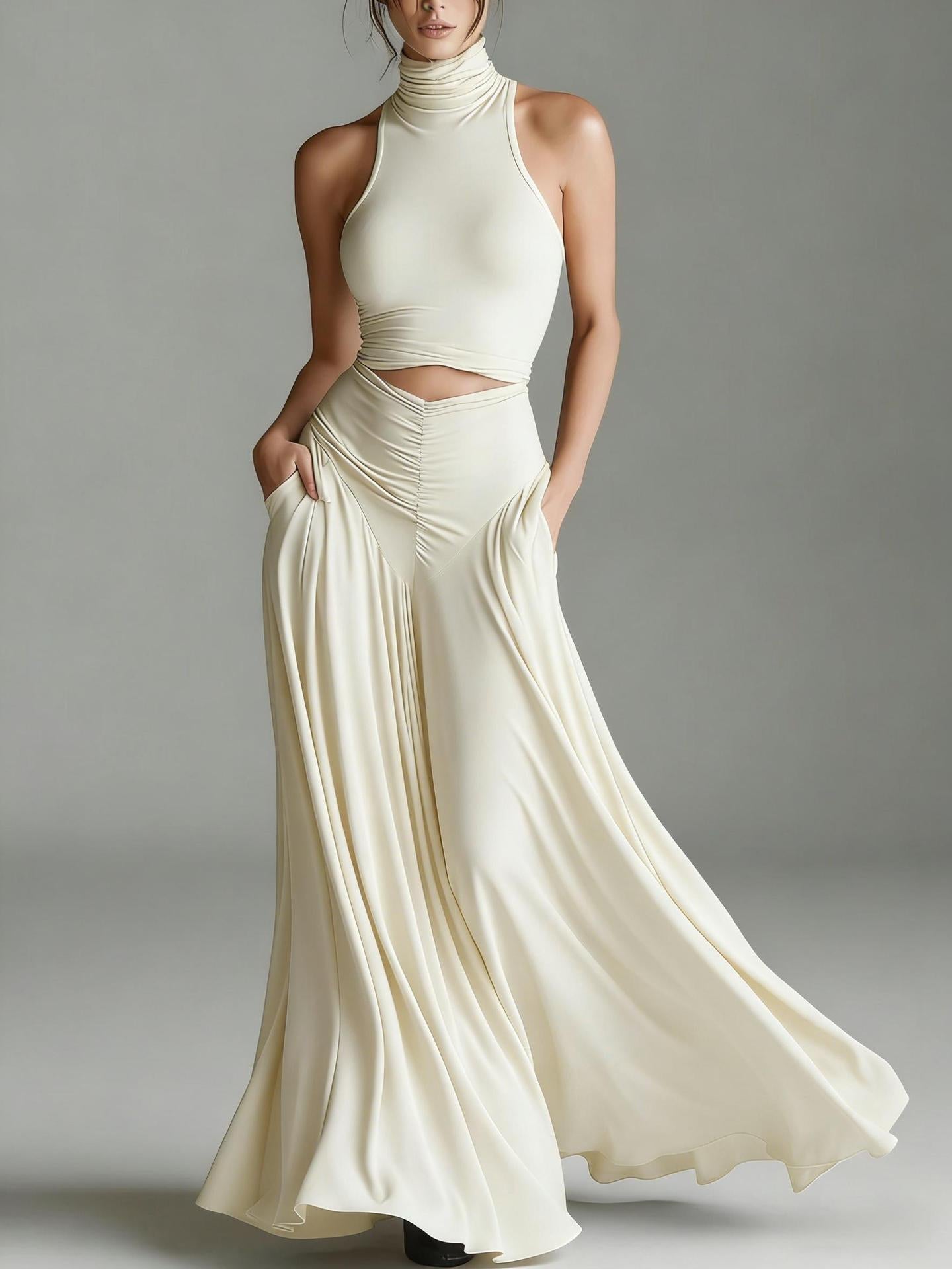 Women's Sleeveless High-Neck Top & Elegant Long A-Line Dress Two-Piece Set