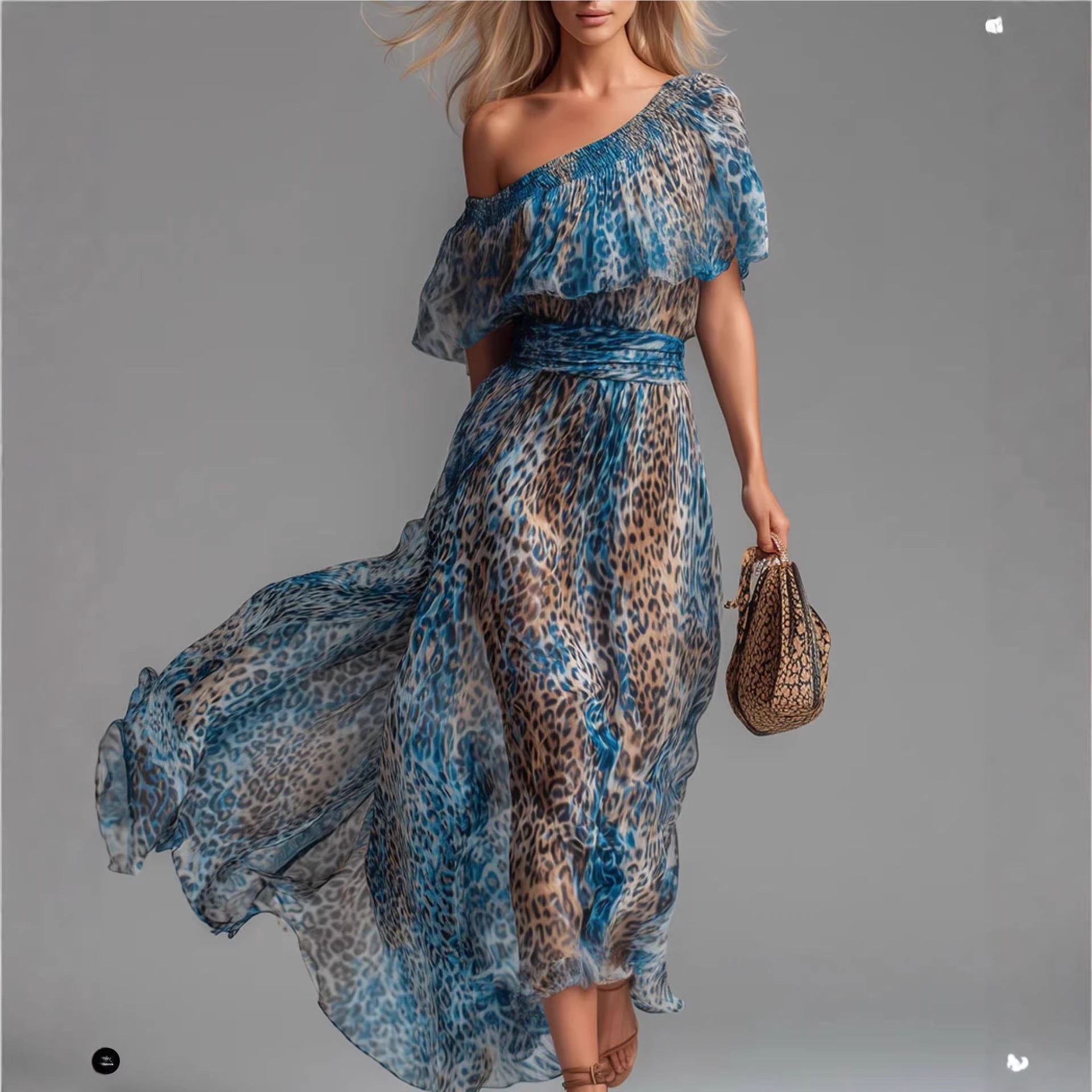 Peacock Blue Leopard Print Chiffon Off-Shoulder Dress – Boho A-Line