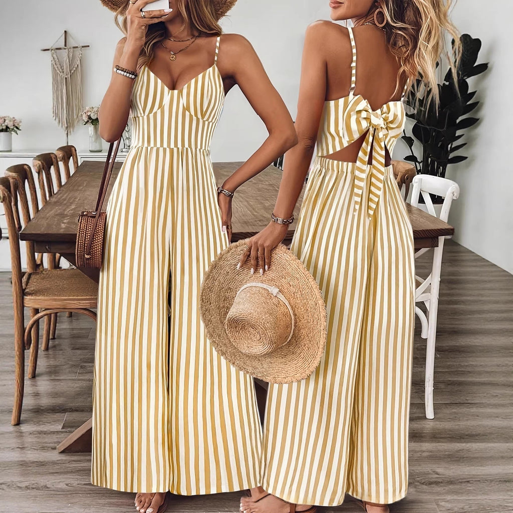 Printed Backless Sleeveless Strap Jumpsuit | Ginger Yellow