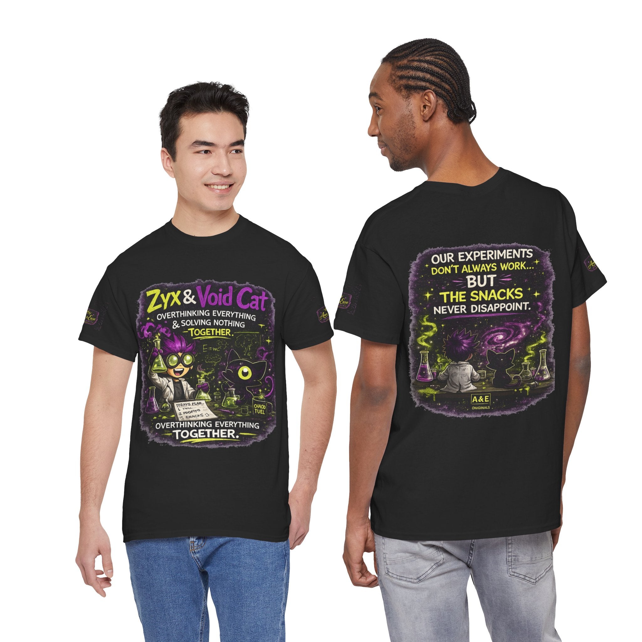 Camiseta del equipo científico de Zyx y Void Cat — "Pensándolo todo en exceso juntos"