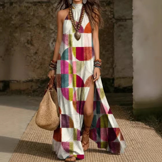 Women's Printed Halterneck Split Maxi Dress – Loose Fit Sleeveless