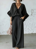 Women's Loose-Fit V-Neck Top & Wide-Leg Pants Two-Piece Set