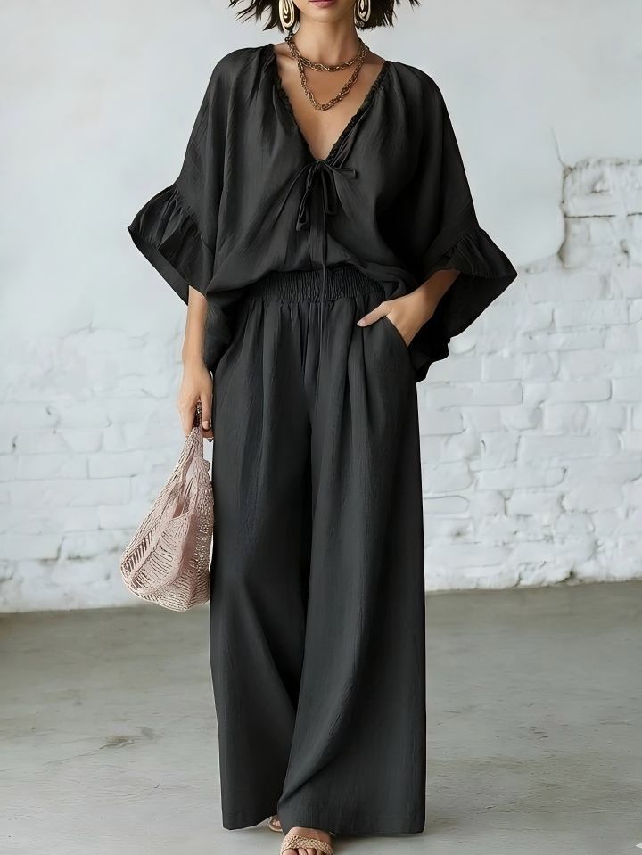 Women's Loose-Fit V-Neck Top & Wide-Leg Pants Two-Piece Set
