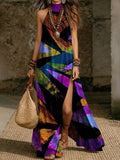 Women's Printed Halterneck Split Maxi Dress – Loose Fit Sleeveless