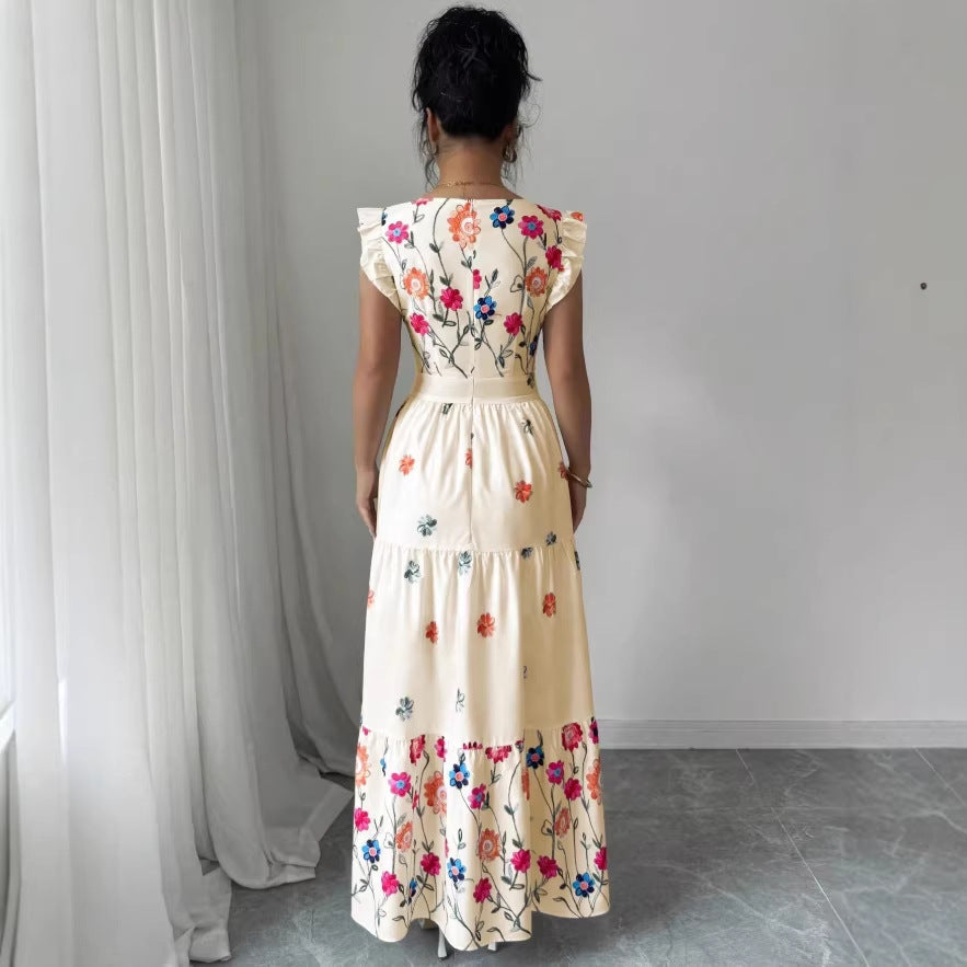 Women’s Puff Sleeve Floral Print Waist-Cinching Dress