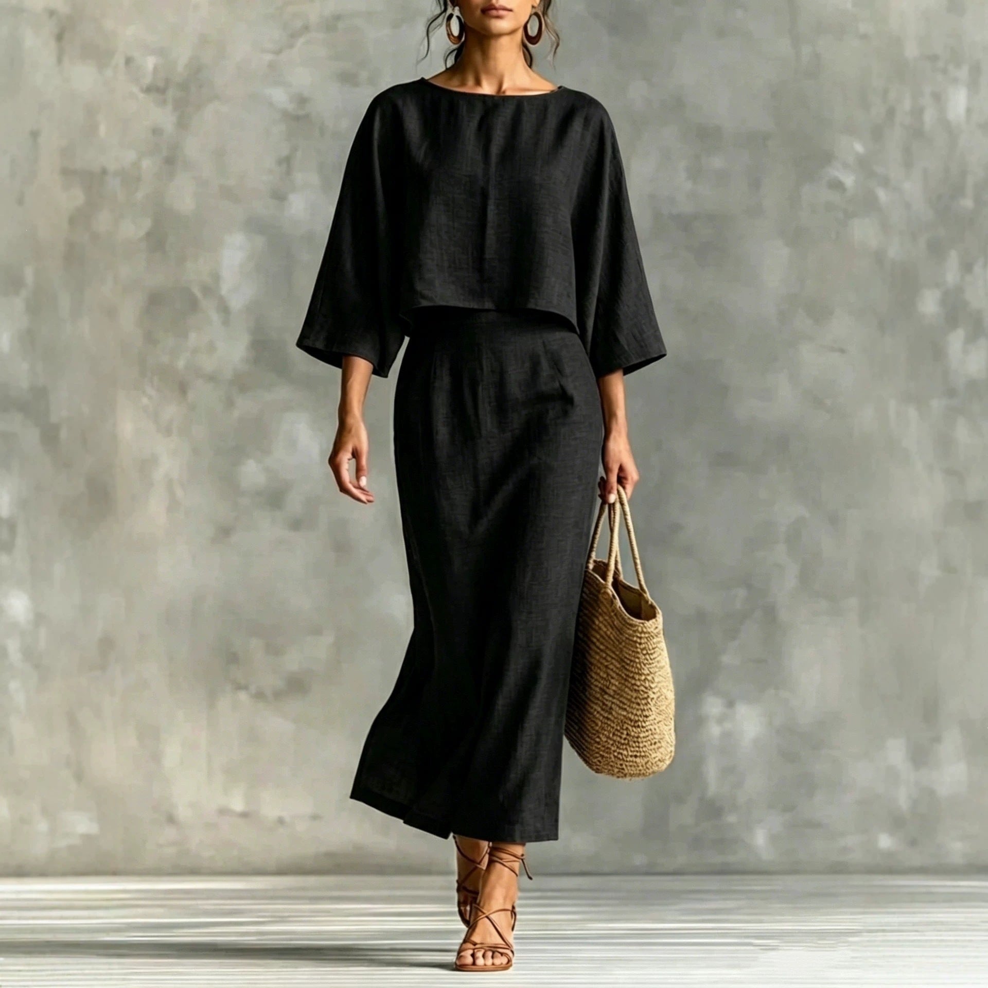 High Waist Long Skirt & 3/4 Sleeve Loose Top Set