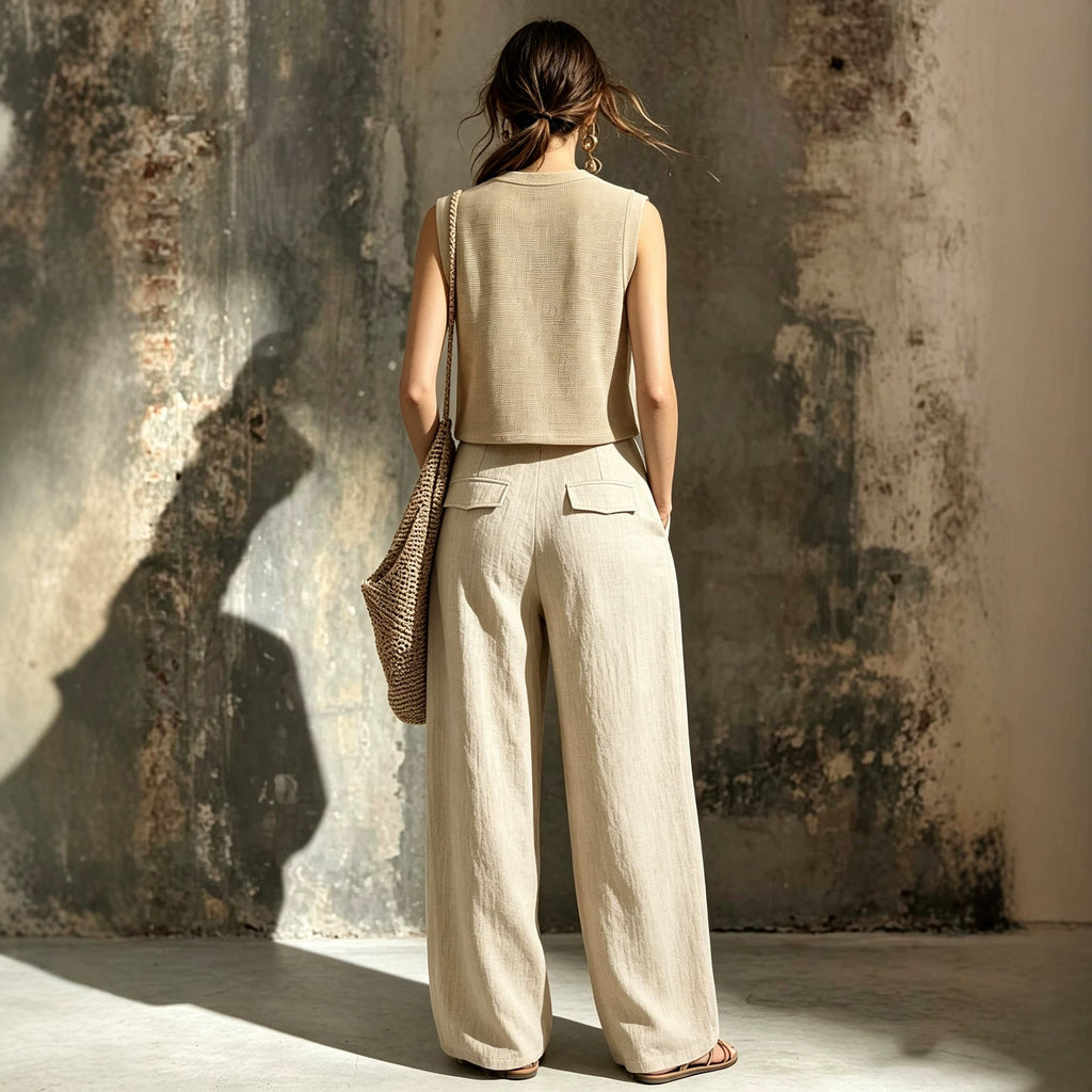 Women's Sleeveless Knit Vest & Wide Leg Pants Two-Piece Set – Casual Linen Khaki