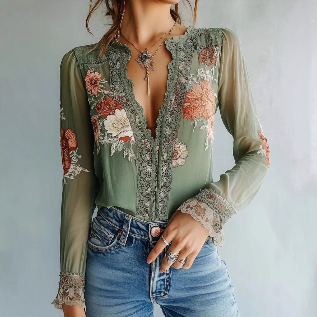 Women’s V-Neck Floral Print Blouse