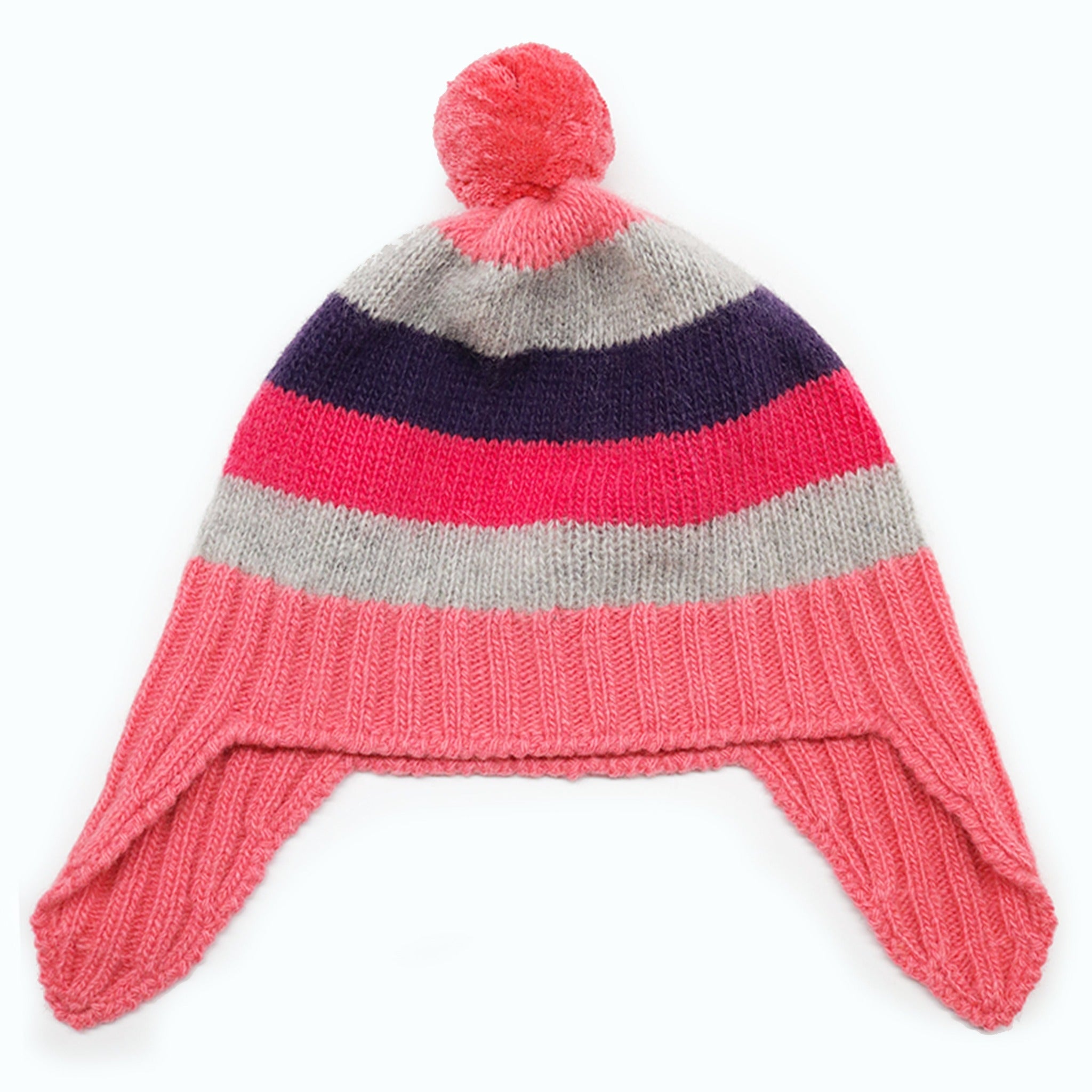 GORRO DE BEBÉ A RAYAS CON OREJERAS Y POMPÓN