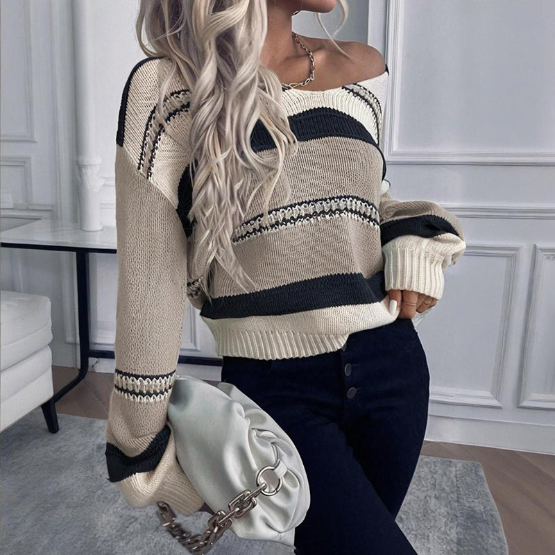 Women's French Vintage Striped Sweater | V-Neck Long Sleeve Stretch Knit