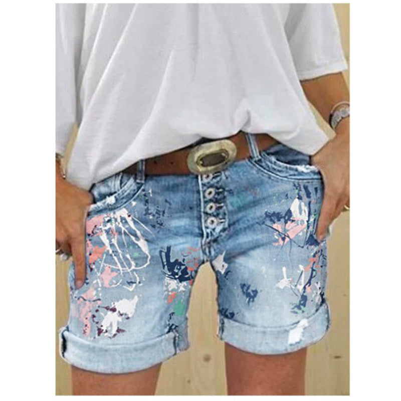 Women's High-Waist Printed Elastic Denim Shorts with Button Closure
