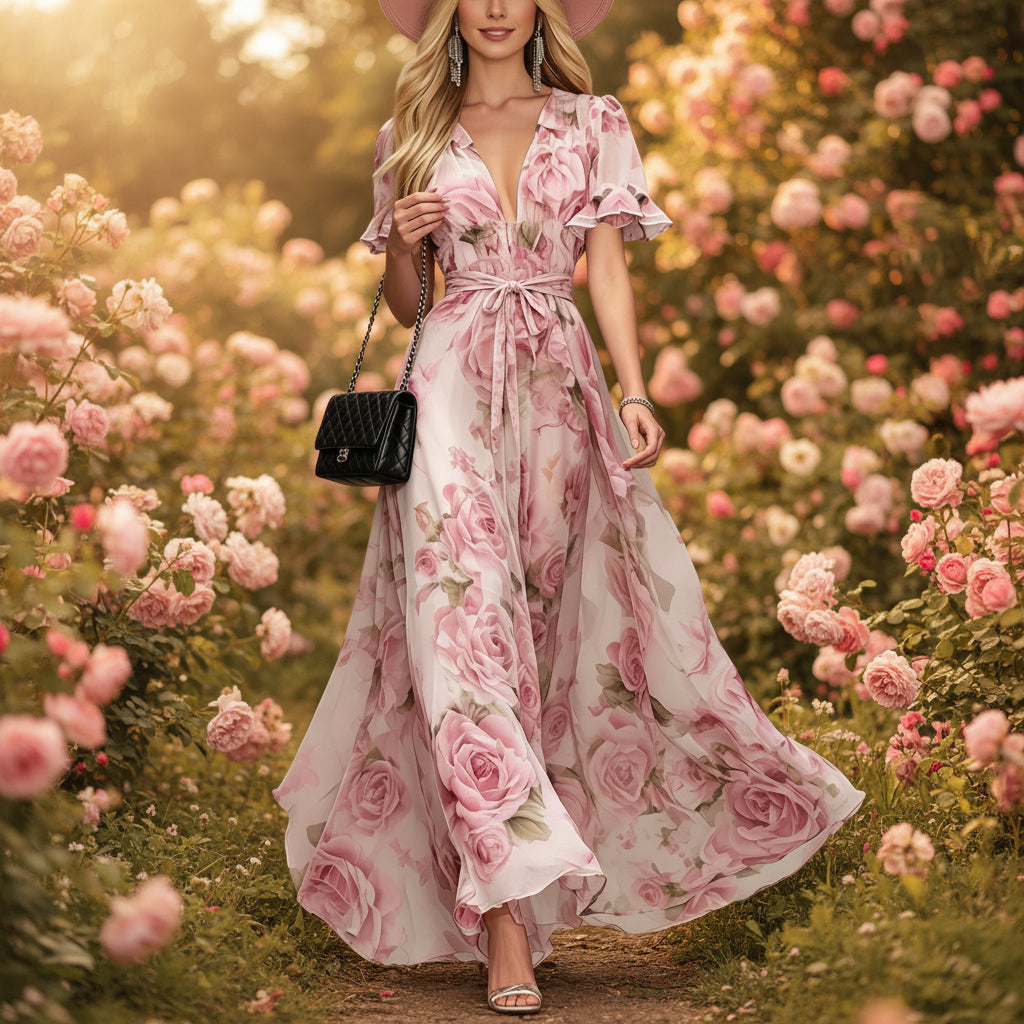 Women's Deep V-Neck Ruffle Sleeve Printed Maxi Dress – High Waist