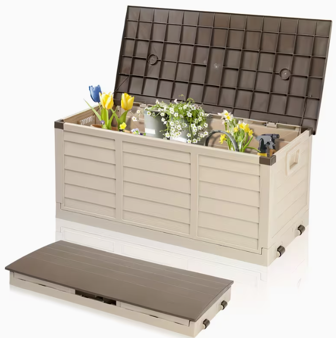 Arcón exterior de alta resistencia de 75 galones – Caja de almacenamiento para patio impermeable con tapa con bisagras, cerradura y fácil montaje