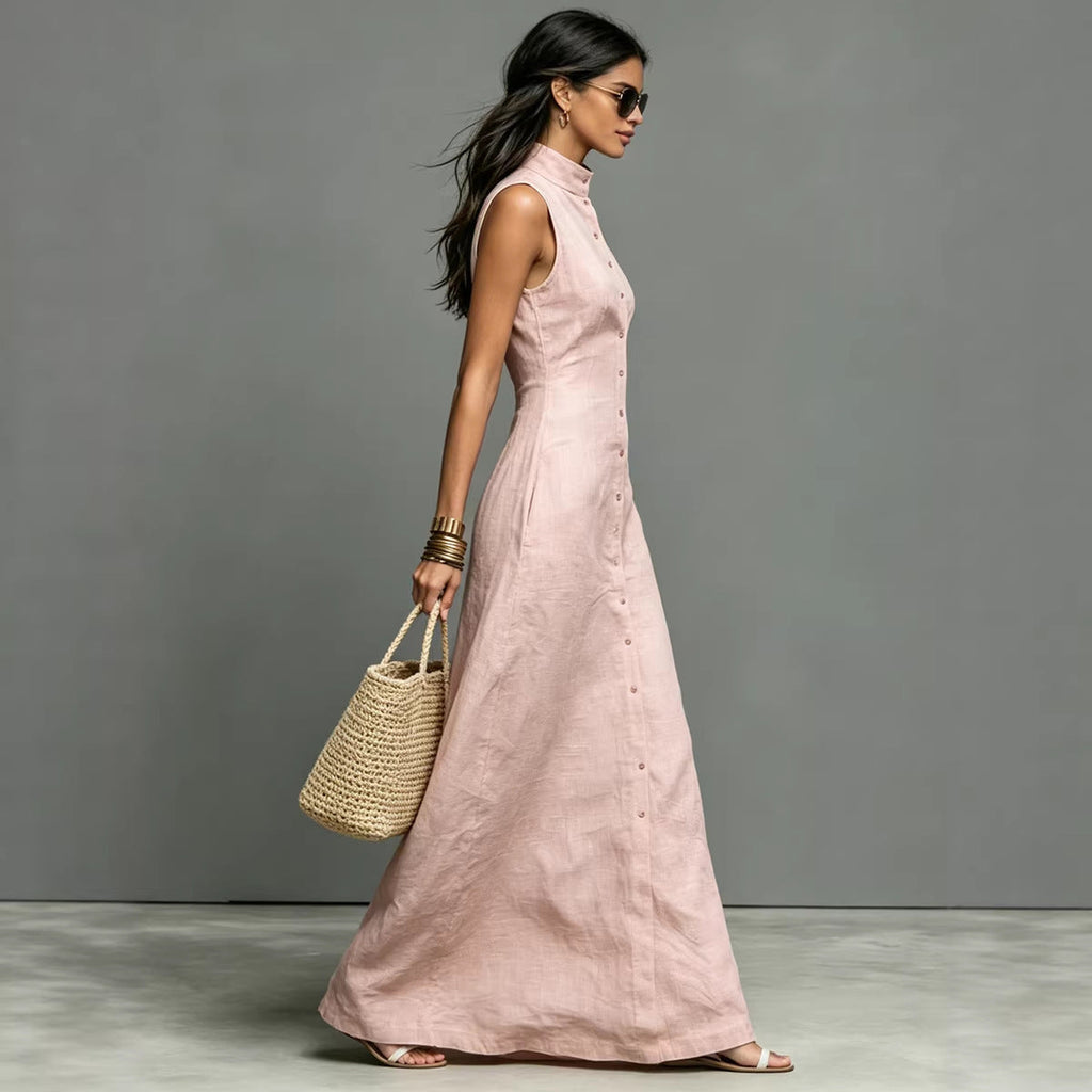 Women's Stand-Collar Single-Breasted Sleeveless Midi Dress